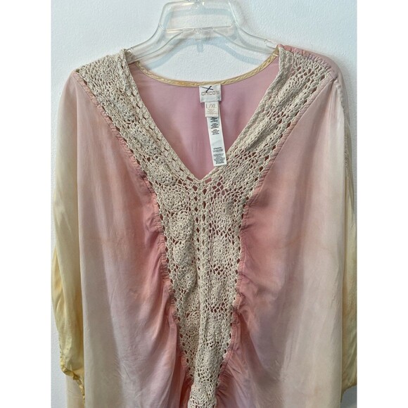 Chico's Women’s L/XL Boho Lace V-Neck Kimono Top Powder Yellow and Pink Cover-up - Picture 4 of 9